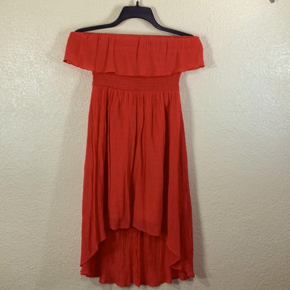 Ruffle Smocked Strapless Hi-Lo Belted Red/Orange Dress  L - Picture 1 of 15